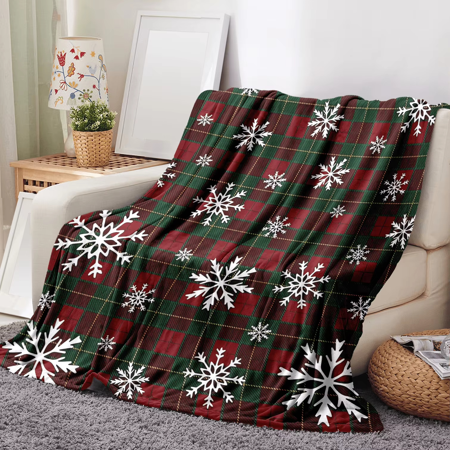 Home Xmas Decor Ideas - Xmas Plaid Fleece Blanket With Snow