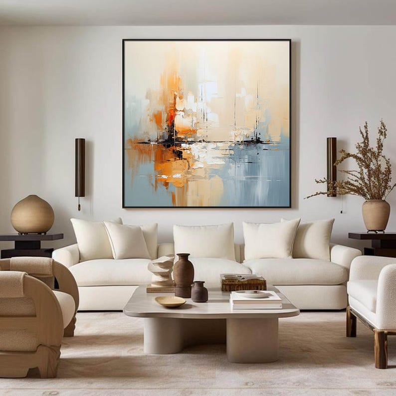 Abstract Oil Painting - Original Hand-Painted Blue Beige Abstract Oil