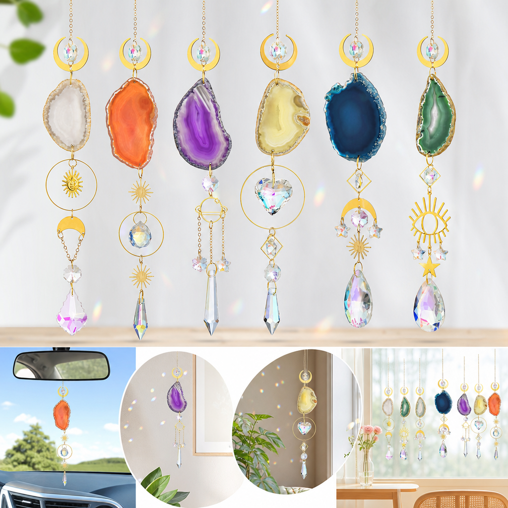 Boho Wind Chimes - Agate Suncatcher Crystal Sun Catcher Natural