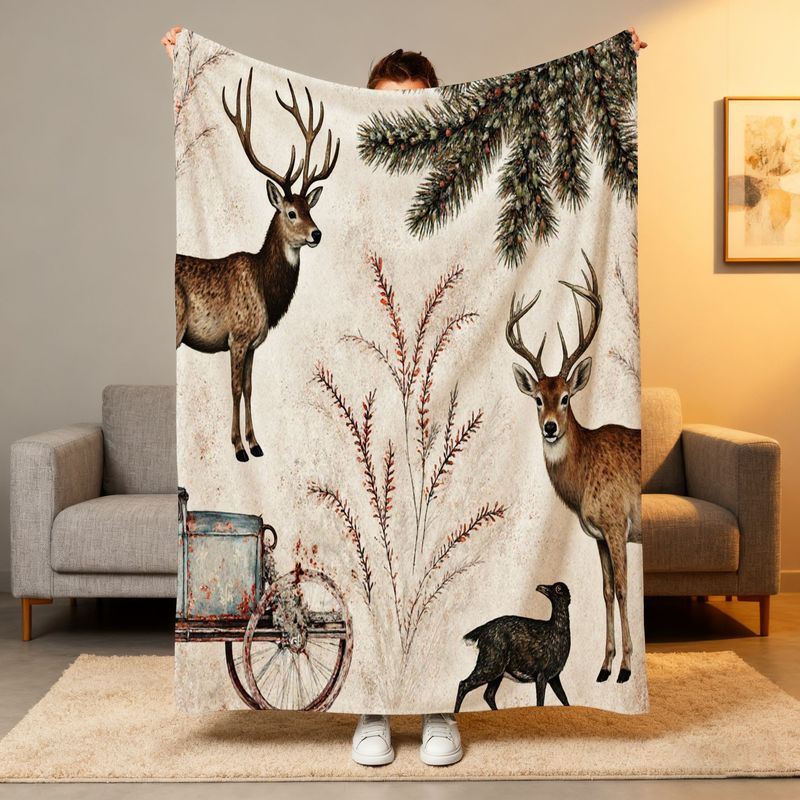 Neutral Throw Blanket - Rustic Winter Deer & Blue Cart