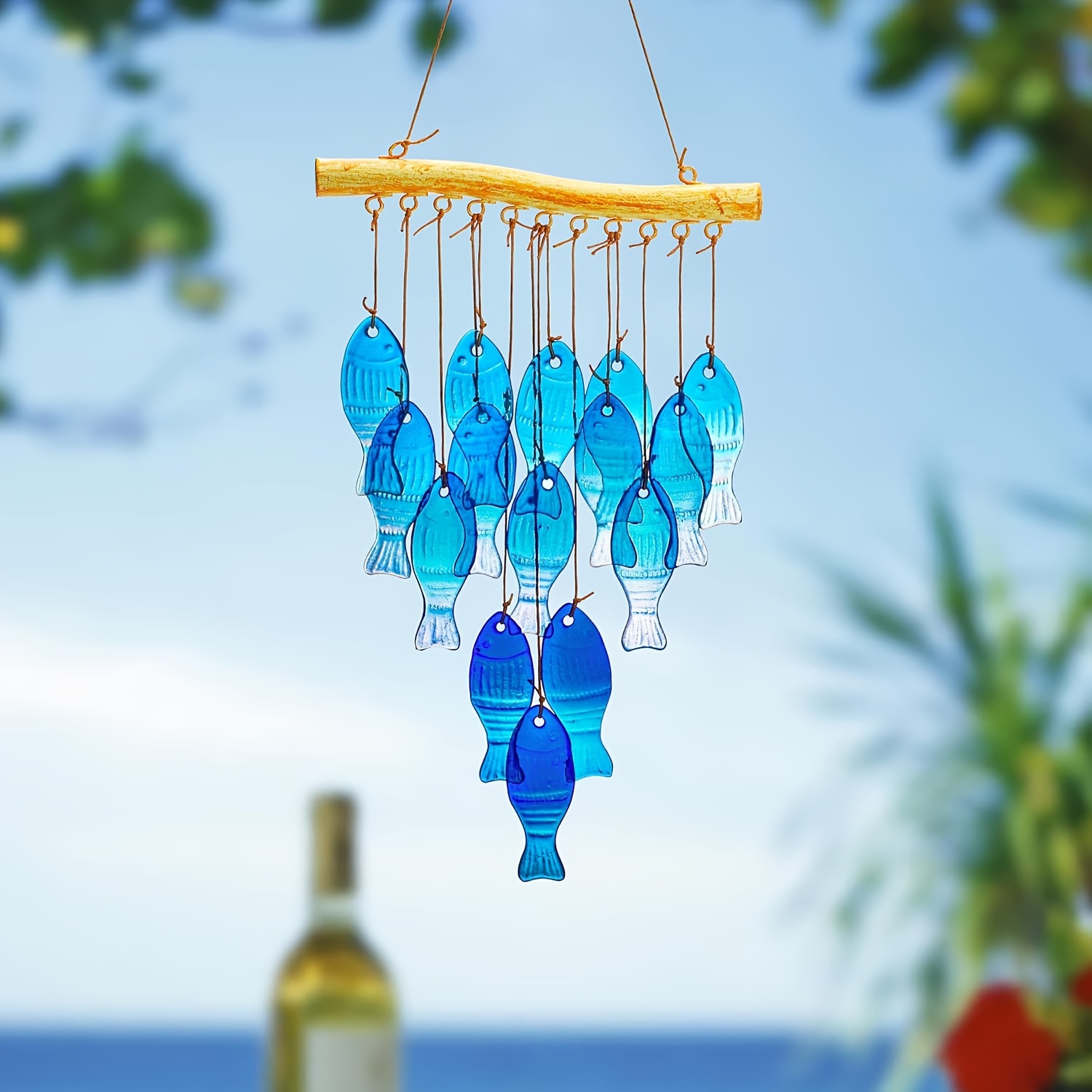 Boho Wind Chimes - Blue glass sea wind chimes, outdoor