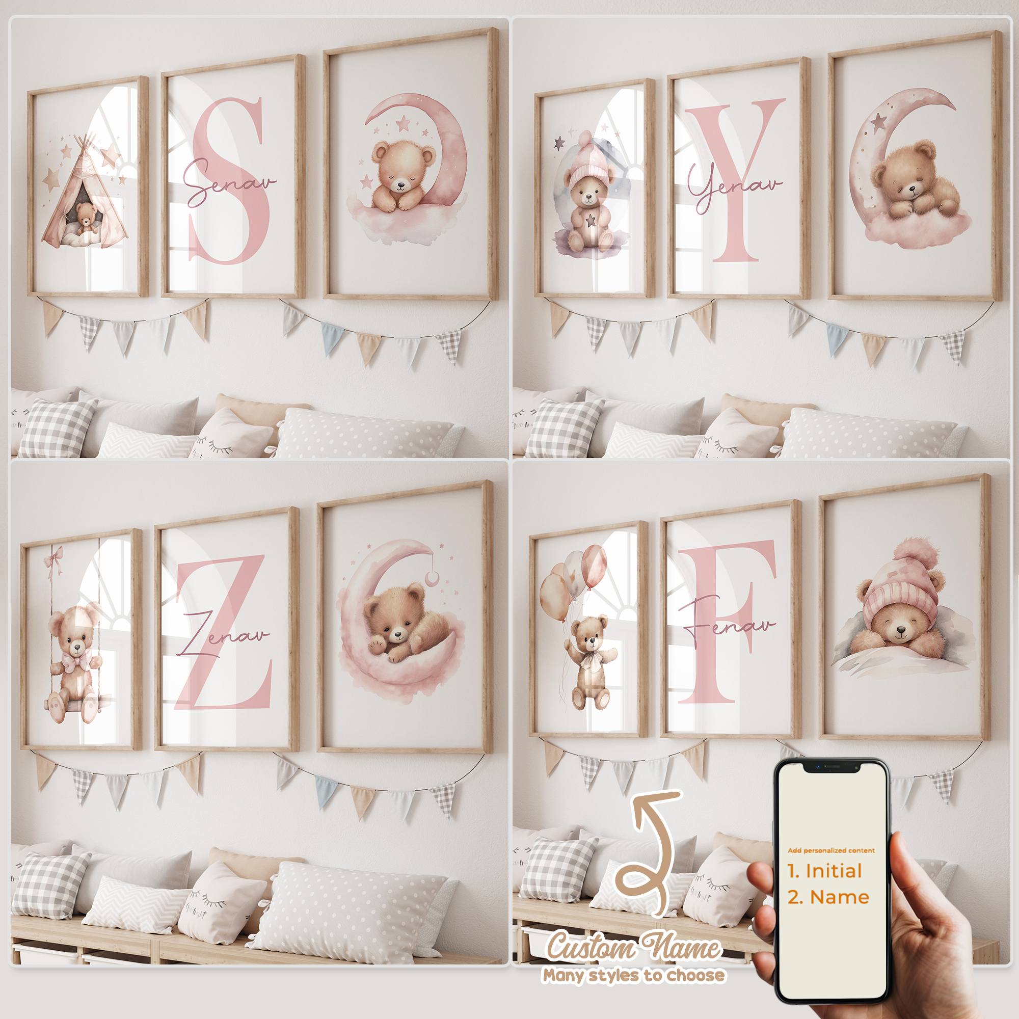 Home Decor On Wall - 3pcs Personalized Custom Name Cartoon Pink
