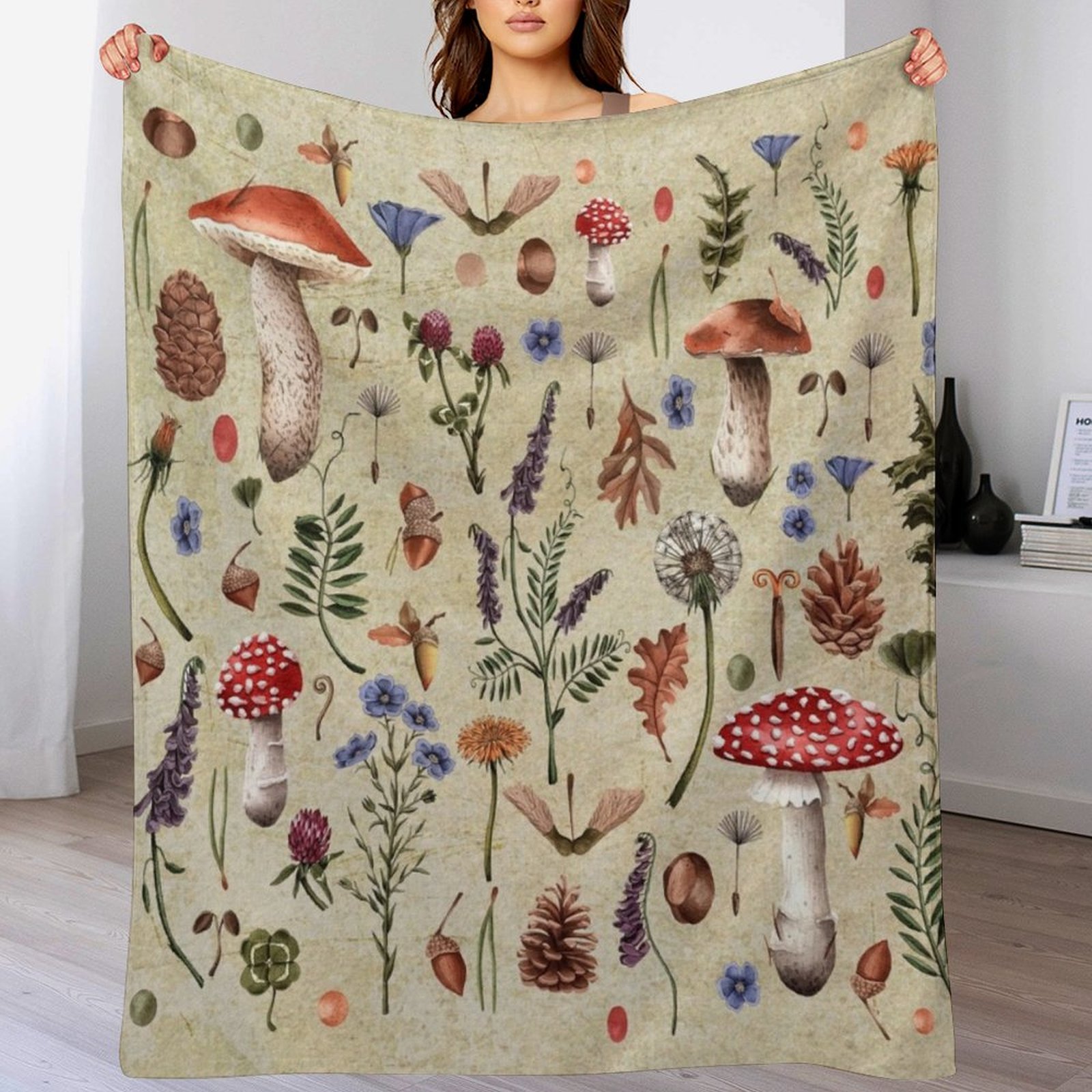 Neutral Throw Blanket - Retro botanical mushrooms, wildflowers d??cor, neutral