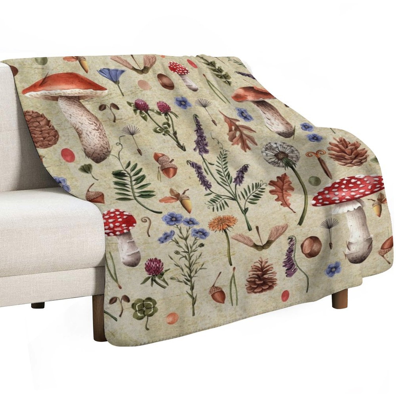 Retro botanical mushrooms, wil - Neutral Throw Blanket avis et prix