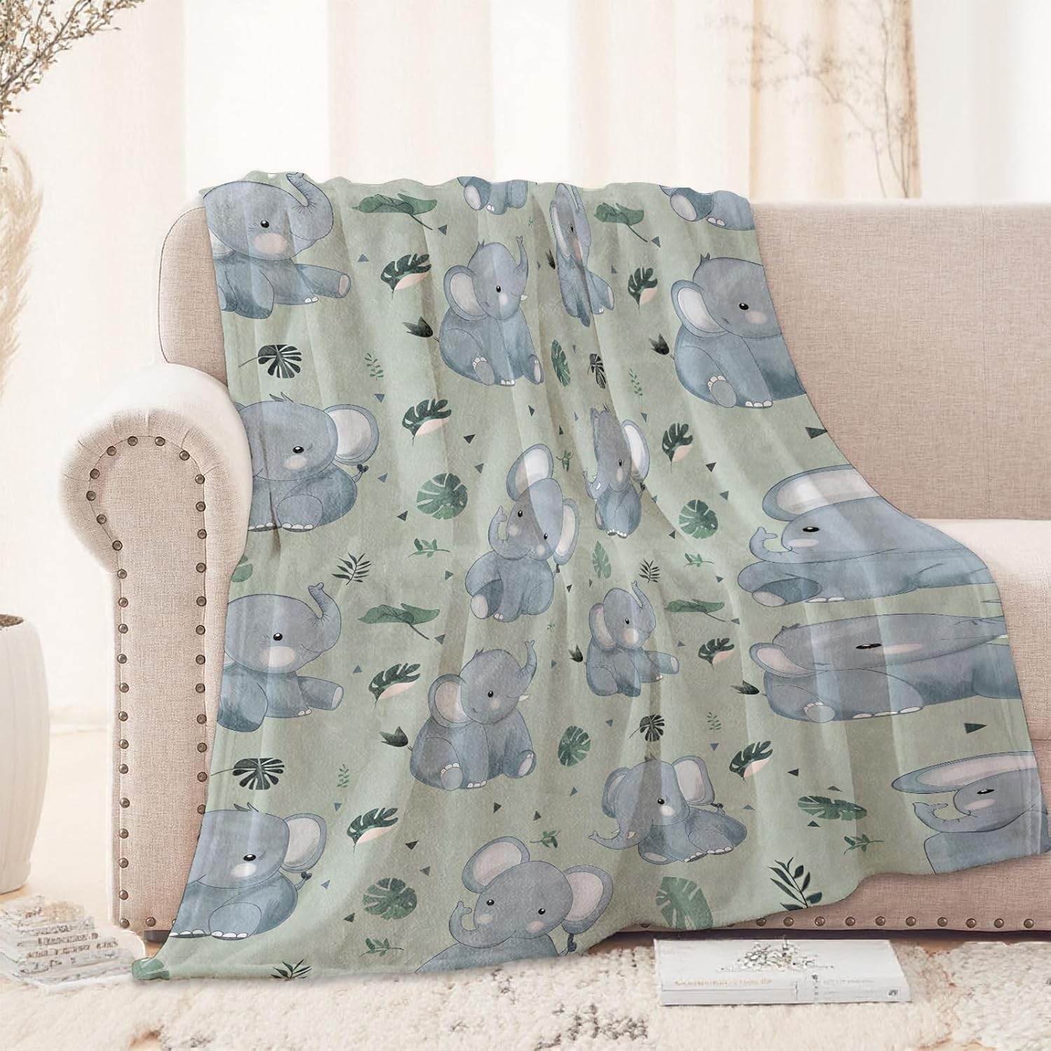 VIKAMA Sage Green Baby Elephan - Neutral Throw Blanket avis et prix