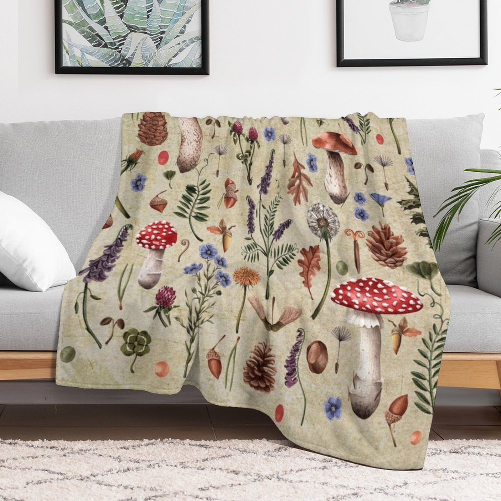 Retro botanical mushrooms, wil - Neutral Throw Blanket avis et prix