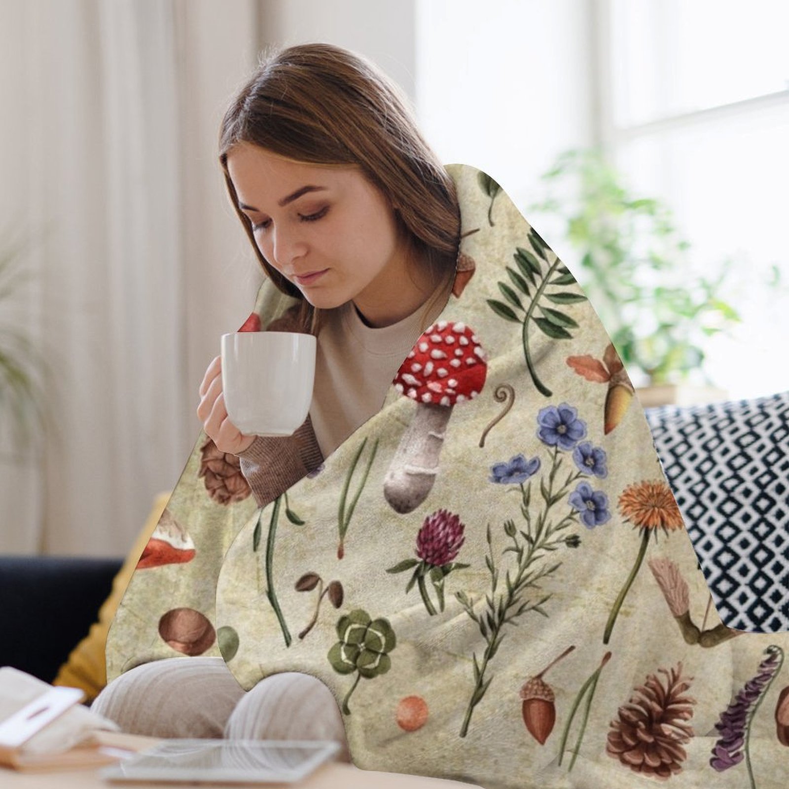 Retro botanical mushrooms, wil - Neutral Throw Blanket avis et prix