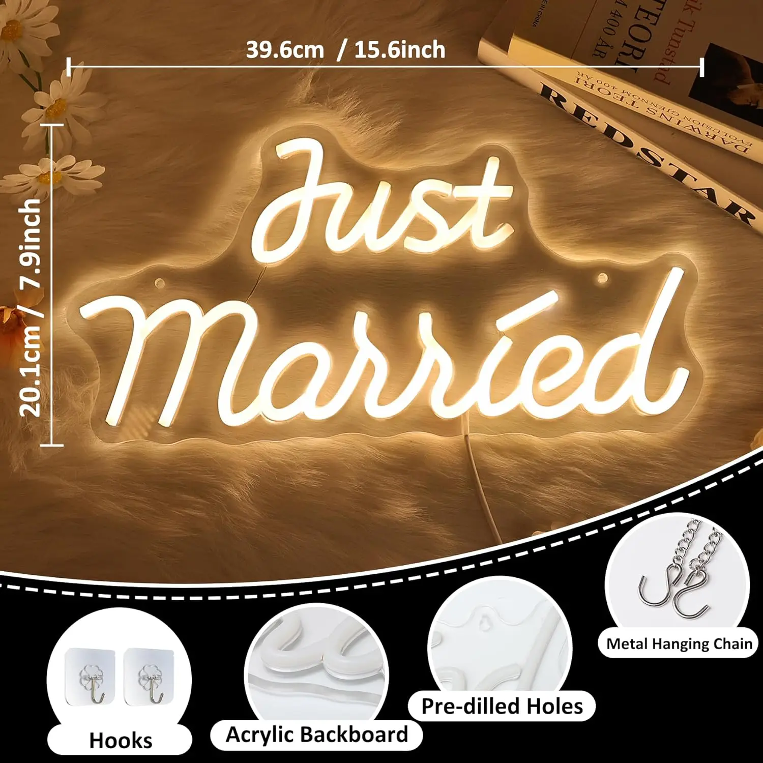 Just Married Neon Sign USB Dim - Home Decor Light avis et prix